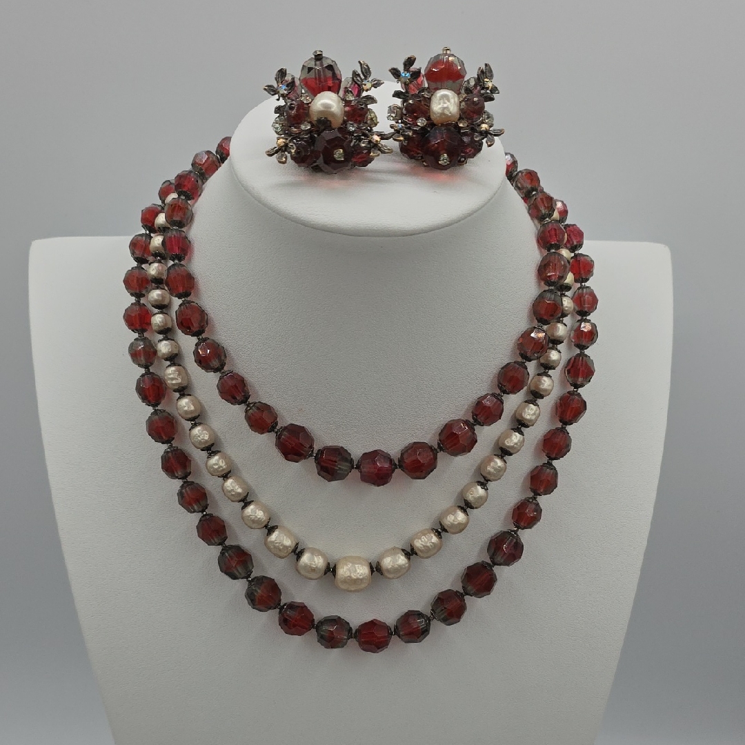 Demario Triple Strand Red Glass & Faux Pearl Necklace W/Floral Clip Earring Set